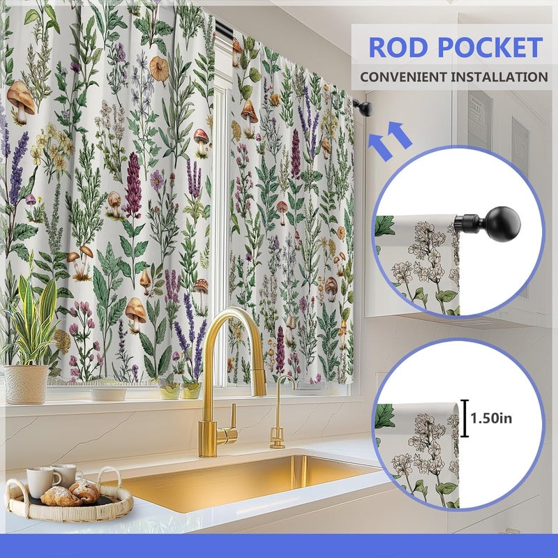 Aimego Spring Floral Kitchen Curtains - Botanical Leaf Rustic Small Short Cafe Tier Curtains for Living Room Rod Pocket Window Drapes 36 Inch Length 2 Panels Set 28"x36" - Image 4
